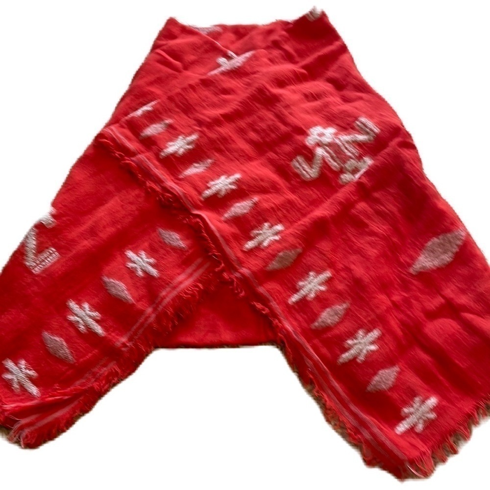 Red and cream fringe blanket scarf Aztec/Southwestern print